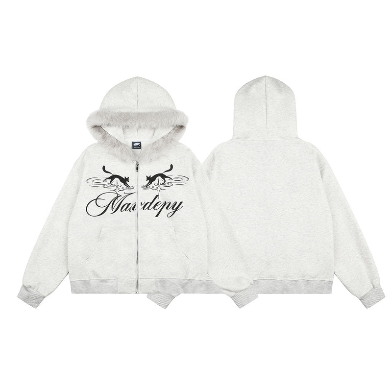 Sweat à capuche zippé à motif chat avec bordure en fausse fourrure