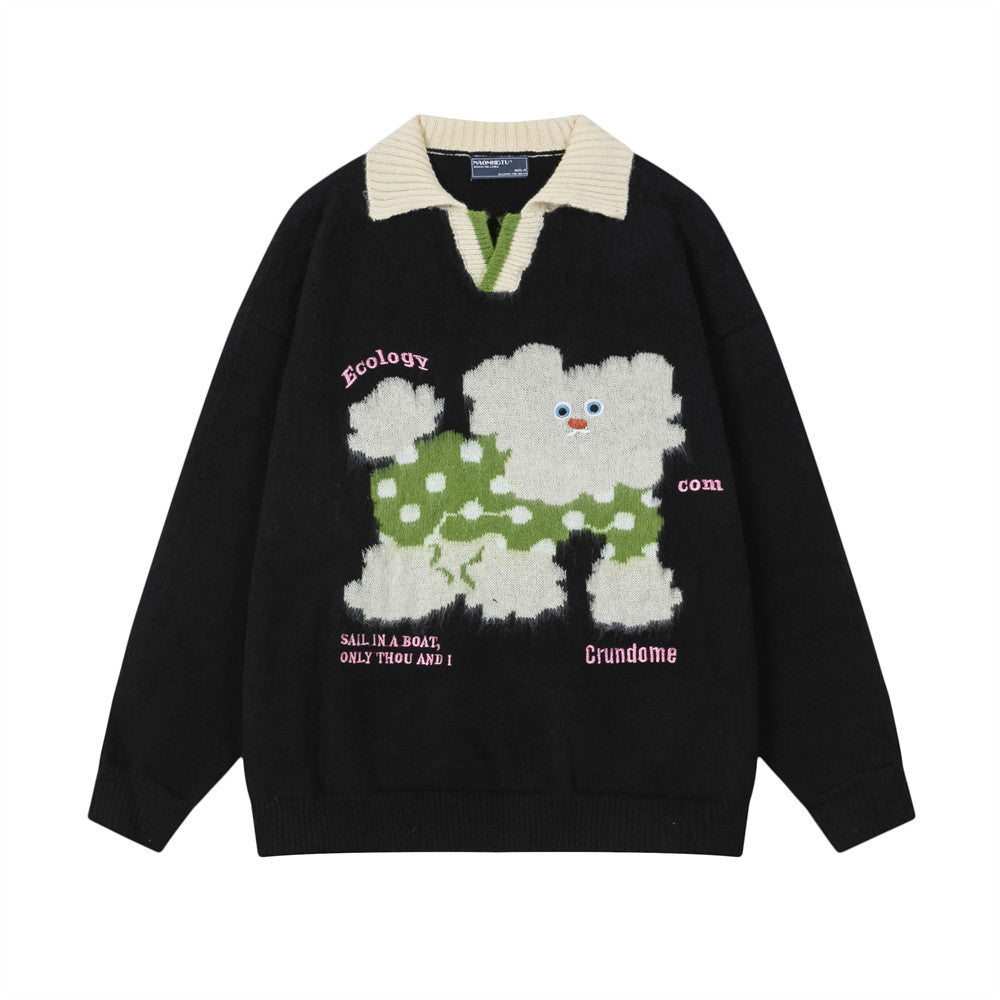 Oversized schwarzer Strickpullover für Herren mit gewebtem Cartoon-Hundeprint, cremefarbenem Polokragen und bestickten Schrift-Details