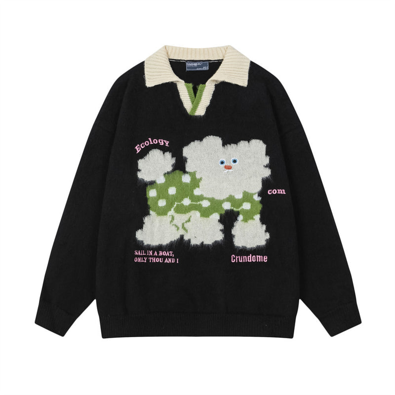 Oversized schwarzer Strickpullover für Herren mit gewebtem Cartoon-Hundeprint, cremefarbenem Polokragen und bestickten Schrift-Details