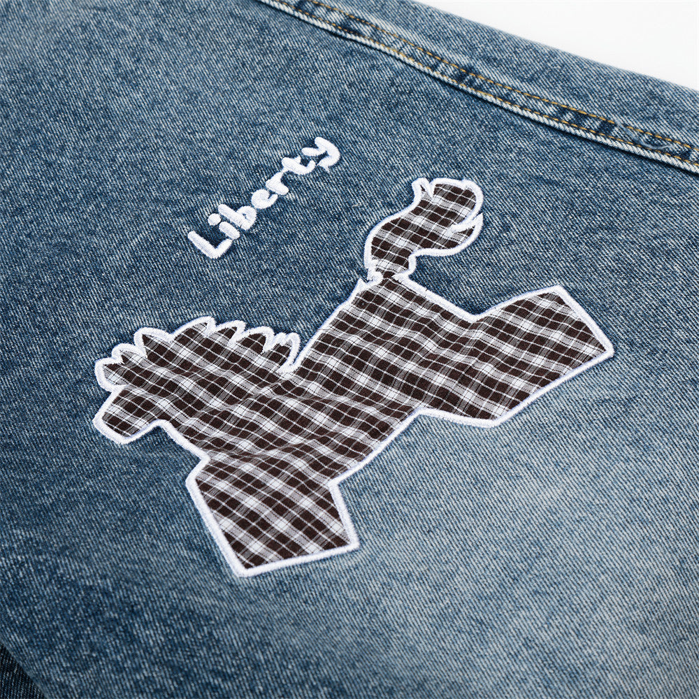 Cartoon Embroidered Wide-Leg Denim Shorts with Detachable Plaid Scarf Tie