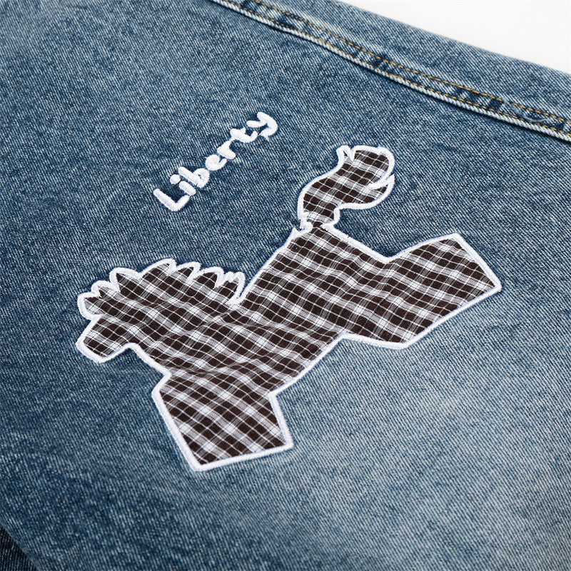 Cartoon Embroidered Wide-Leg Denim Shorts with Detachable Plaid Scarf Tie