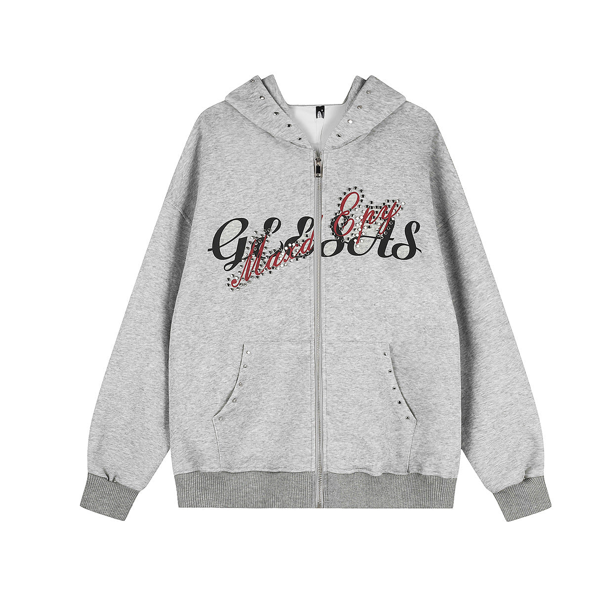 Zip-Up Hoodie Vintage Washed Rhinestone Rivet Graphic Oversized Cardigan