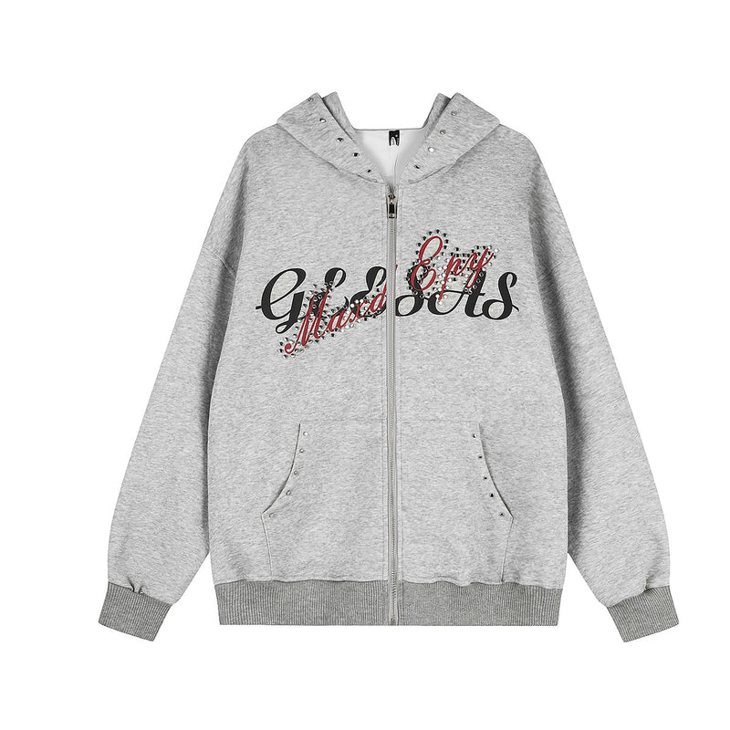 Zip-Up Hoodie Vintage Washed Rhinestone Rivet Graphic Oversized Cardigan