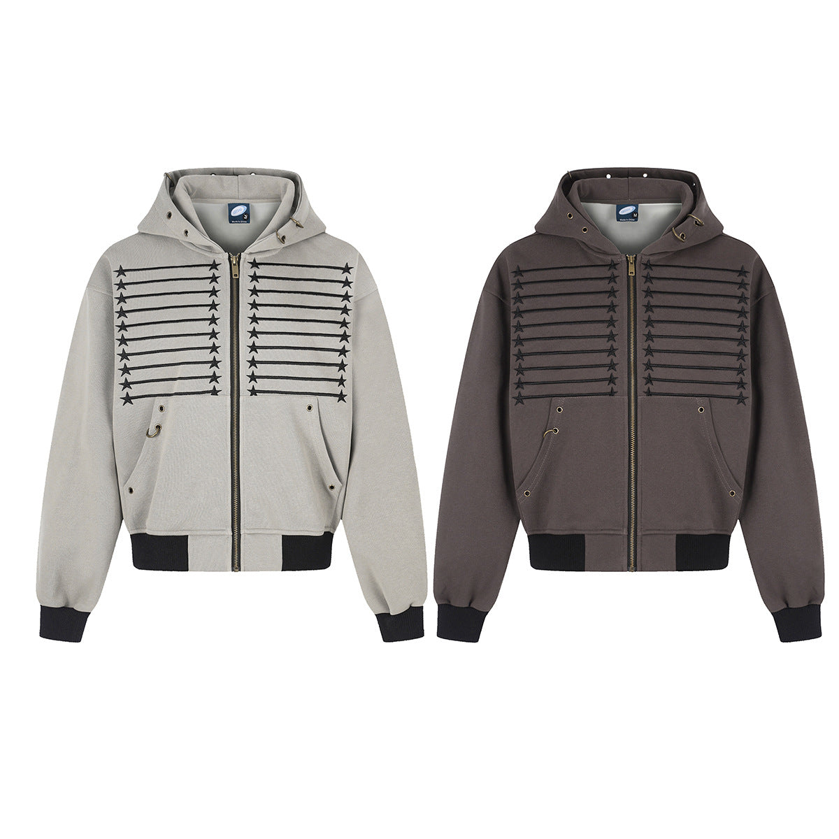 Star & Stripe Embroidered Zip-Up Hoodie with Bomber Ribbed Hem