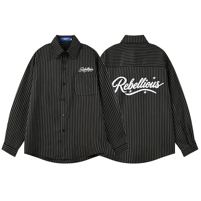 Stripe Long Sleeve Shirt with Rebellious Script Embroidery, Oversized Fit