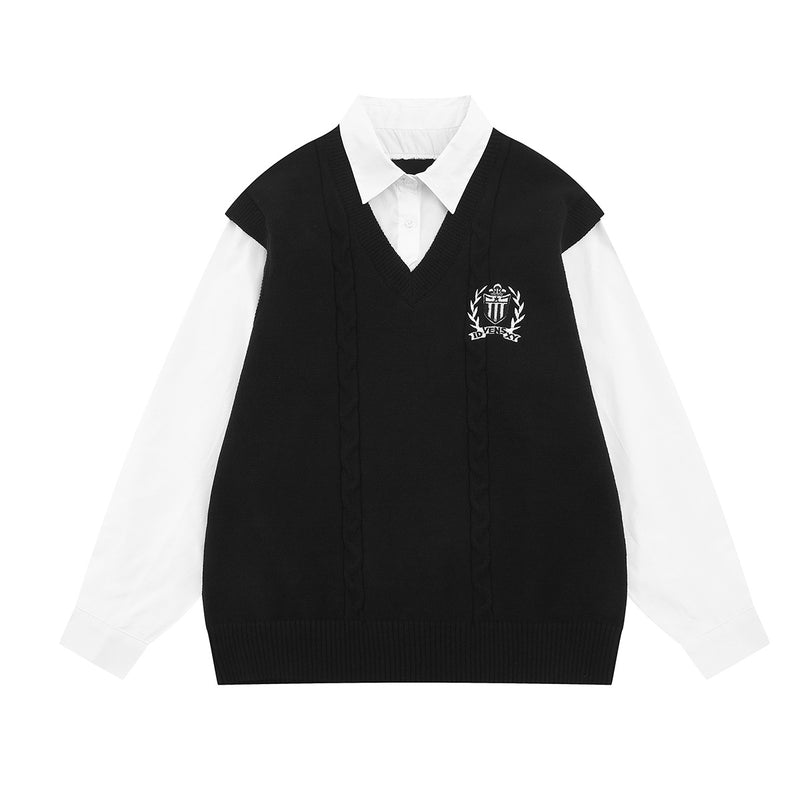Cable Knit Sweater Vest Layered Shirt with Tie – Collegiate Preppy Style