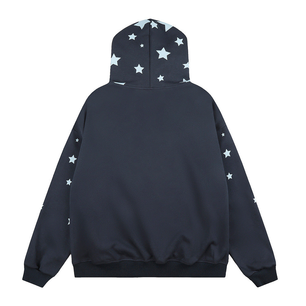 Hoodie mit Sternenprint, Reißverschluss und Kunstfellkapuze – Oversize-Streetwear-Cardigan