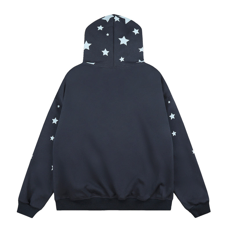 Hoodie mit Sternenprint, Reißverschluss und Kunstfellkapuze – Oversize-Streetwear-Cardigan