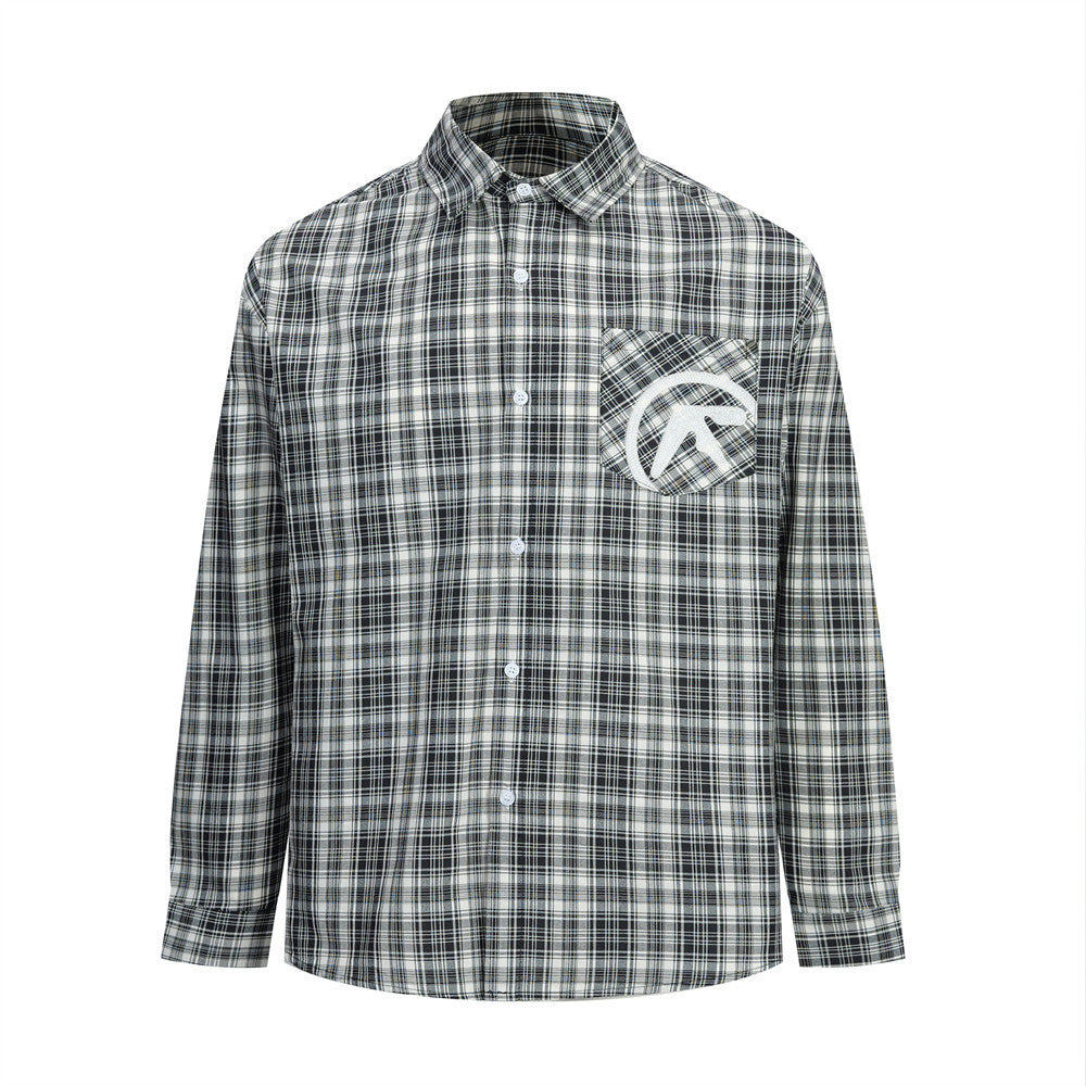 Black plaid long sleeve button-up shirt front view with embroidered chest pocket