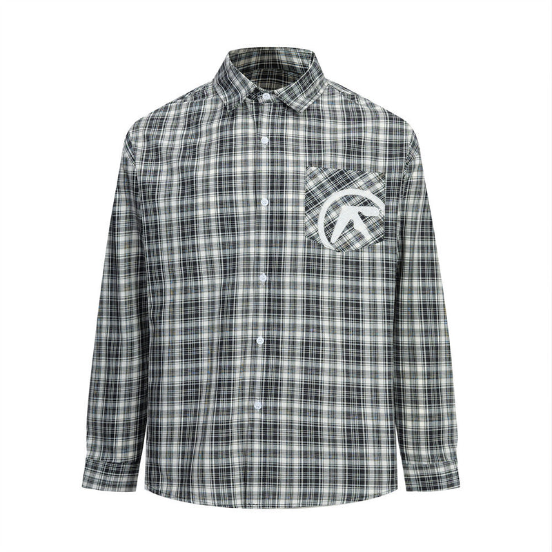 Black plaid long sleeve button-up shirt front view with embroidered chest pocket