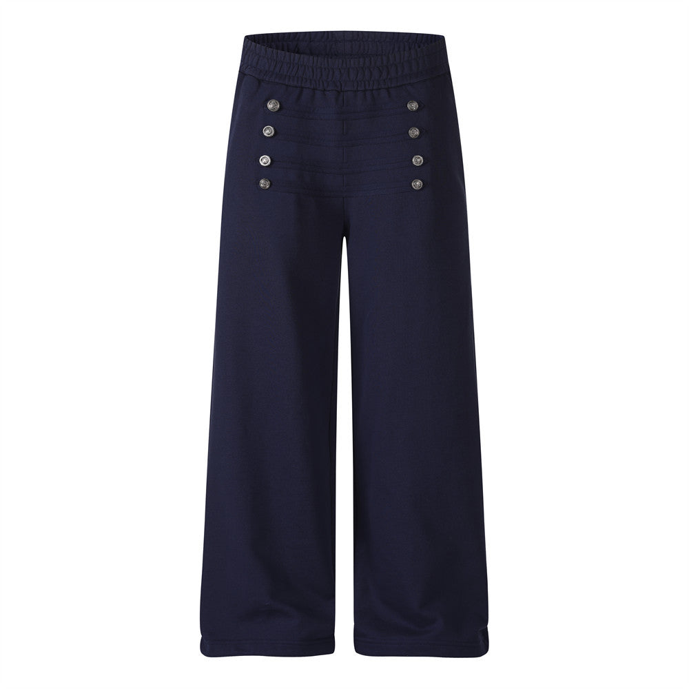 Wide-leg navy sweatpants with double-breasted silver metal buttons and elasticated high-rise waistband