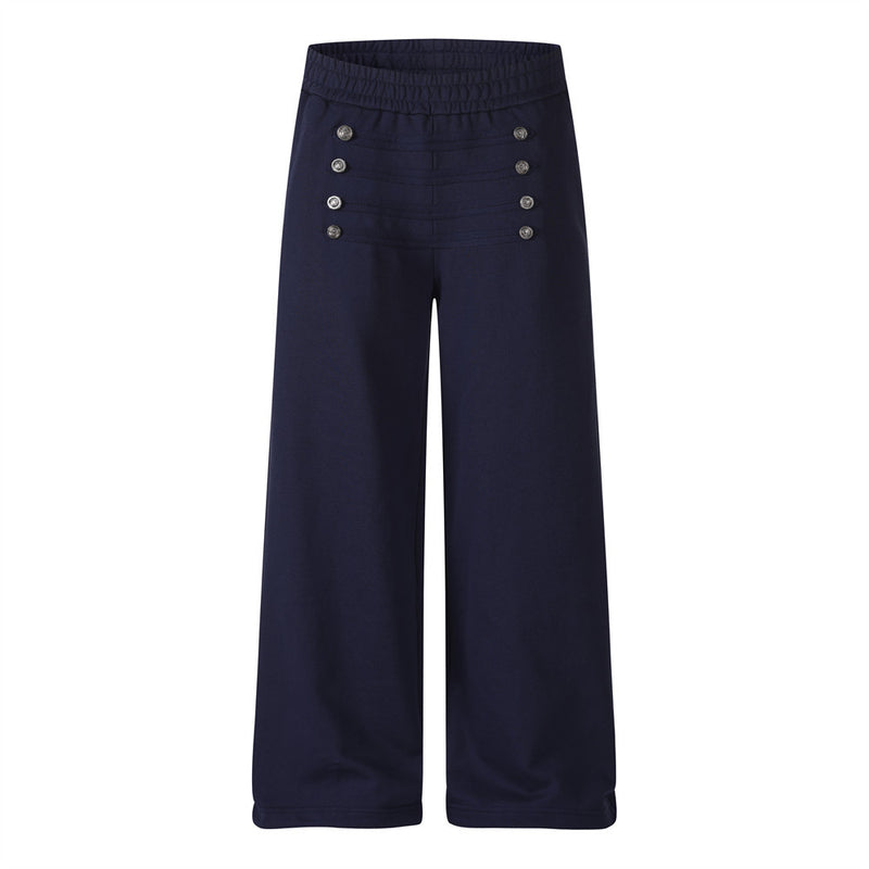 Wide-leg navy sweatpants with double-breasted silver metal buttons and elasticated high-rise waistband