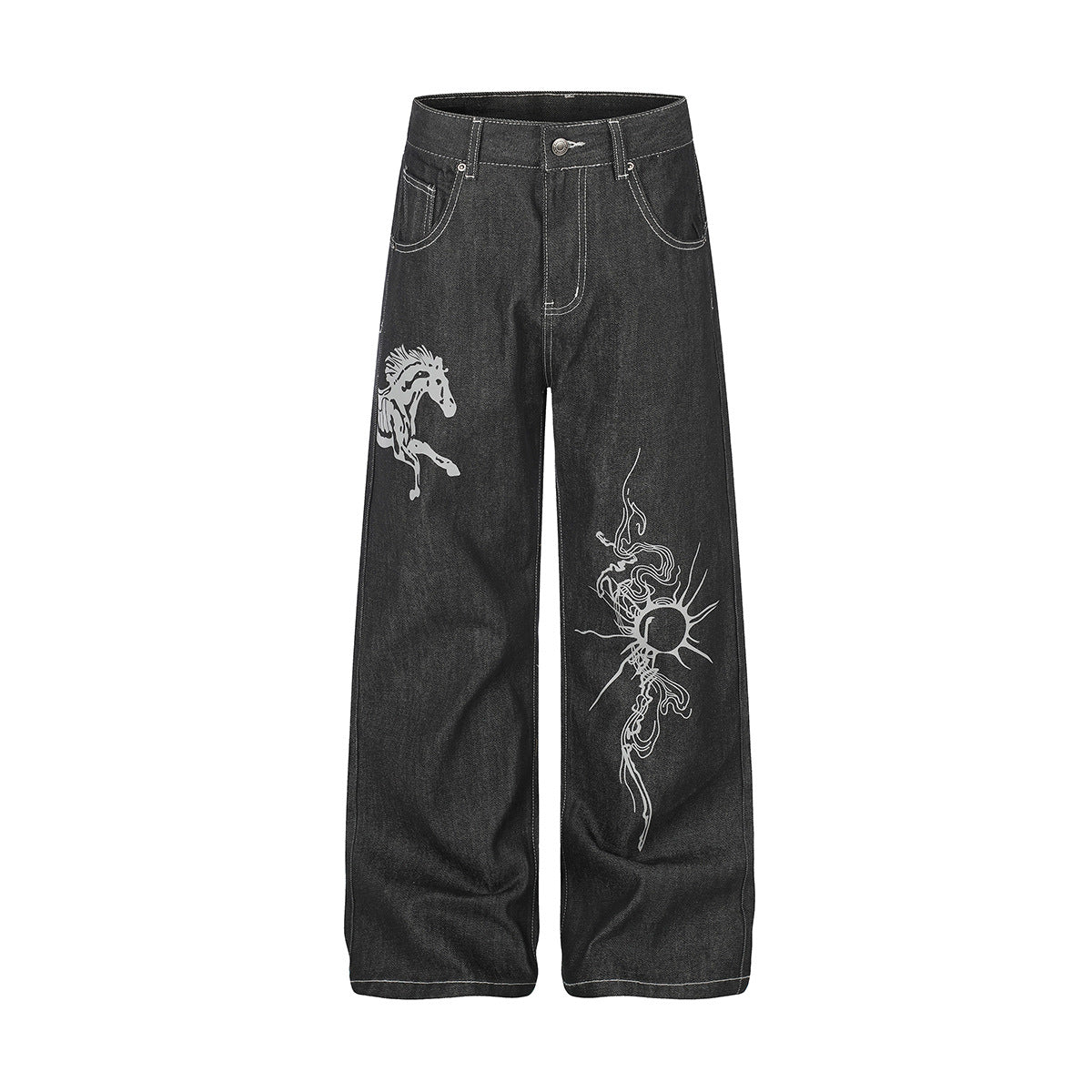 Baggy dark wash black wide-leg jeans with skeleton horse and sun graphic embroidery on front leg panels and heartbeat stitch