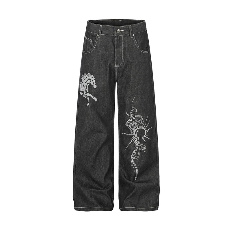 Baggy dark wash black wide-leg jeans with skeleton horse and sun graphic embroidery on front leg panels and heartbeat stitch