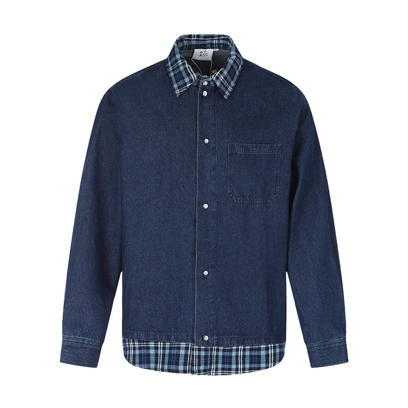 Long Sleeve Oversized Shirt – Denim & Plaid Splice Faux Two-Piece Design