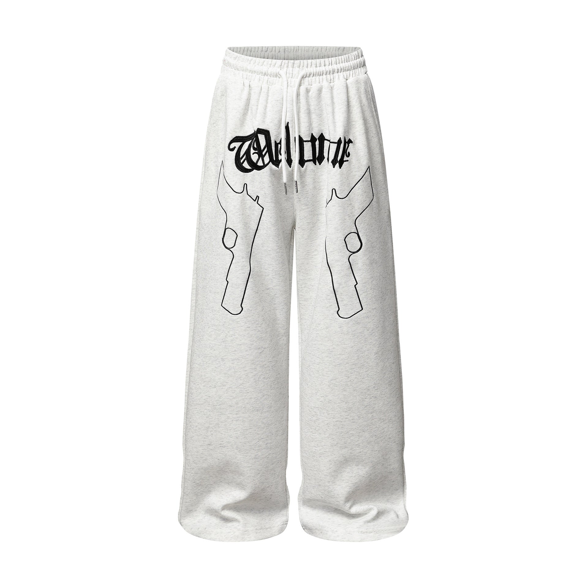 Pantalon de survêtement à jambes larges en molleton gris chiné, avec inscription gothique Welcome et double imprimé de pistolets en contour