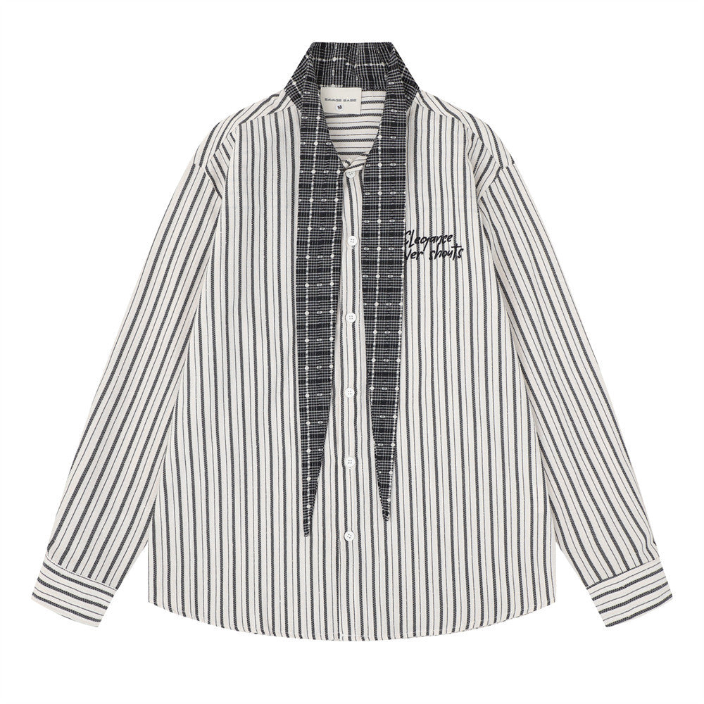 Oversized striped long-sleeve button-up shirt with contrast check scarf collar in white/black colorway, front view