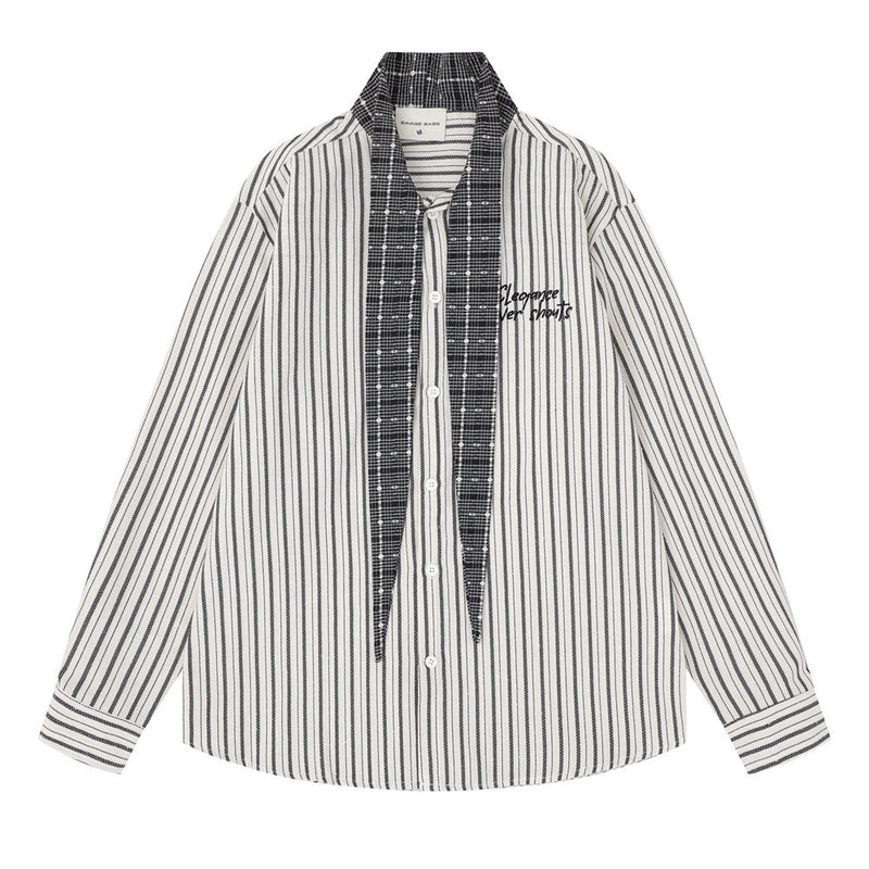 Oversized striped long-sleeve button-up shirt with contrast check scarf collar in white/black colorway, front view