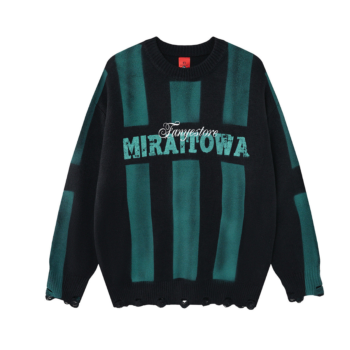 Pull col rond oversize en maille rayée délavée, rayures verticales bleu sarcelle et motif vintage MIRAITOWA sur la poitrine