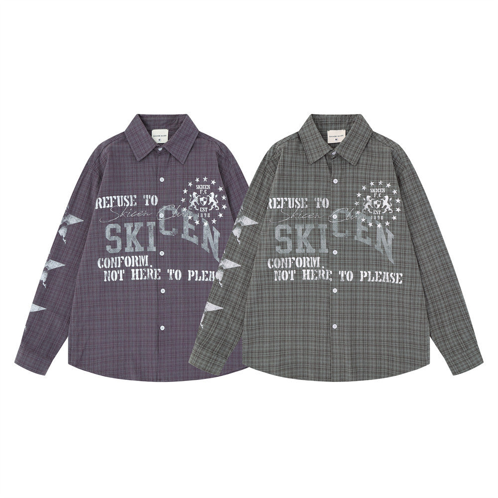 Men's Plaid Graphic Button-Down Shirt – Oversized Streetwear Long Sleeve