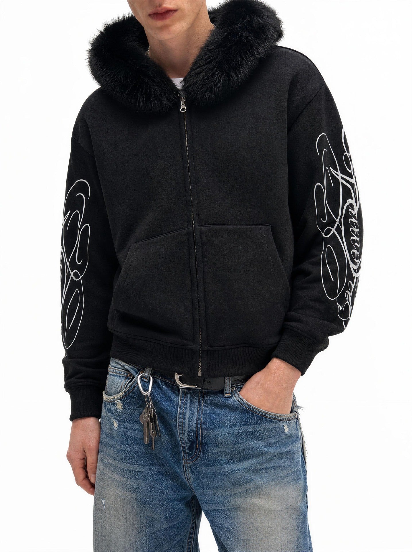 Sweat à capuche zippé avec bordure en fausse fourrure et imprimé script sur les manches