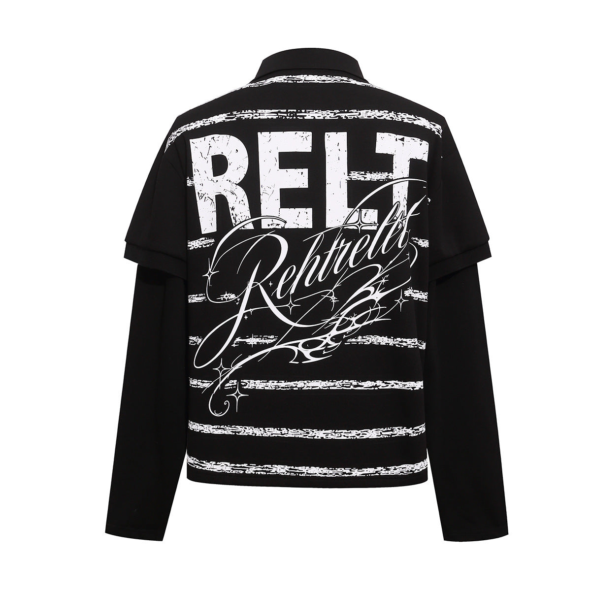 Rehtrelt Faux Two-Piece Long Sleeve Polo Shirt – Crest Graphic Hip-Hop Top