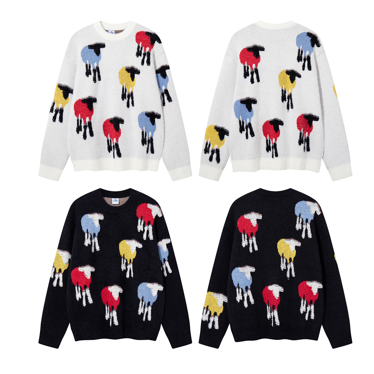 Colorful Sheep Jacquard Crew Neck Sweater – Relaxed Fit Knit