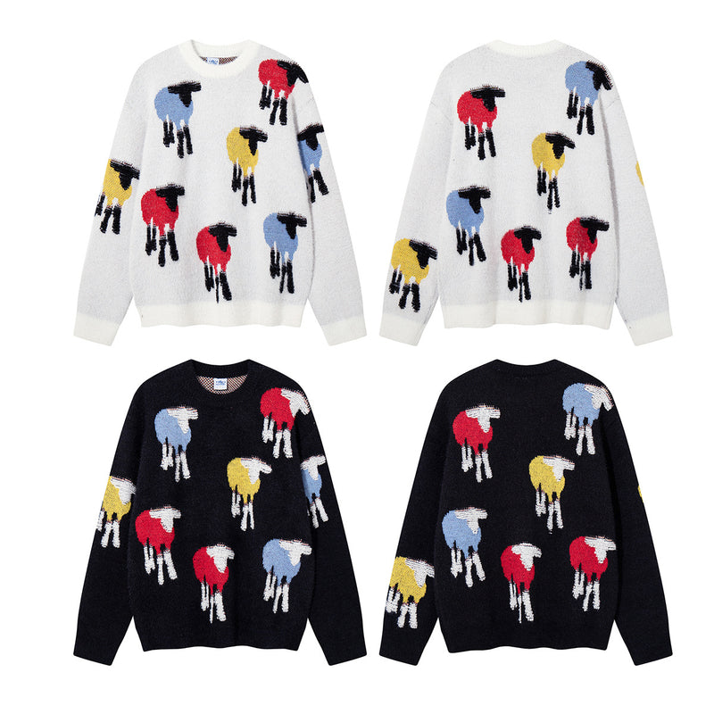 Colorful Sheep Jacquard Crew Neck Sweater – Relaxed Fit Knit