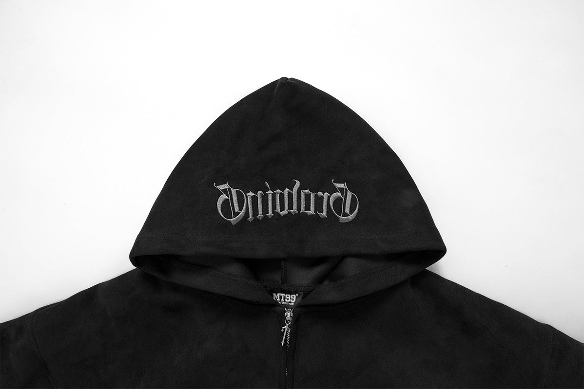 Gothic Embroidered Zip-Up Hoodie – Vintage American Suede-Finish Fleece