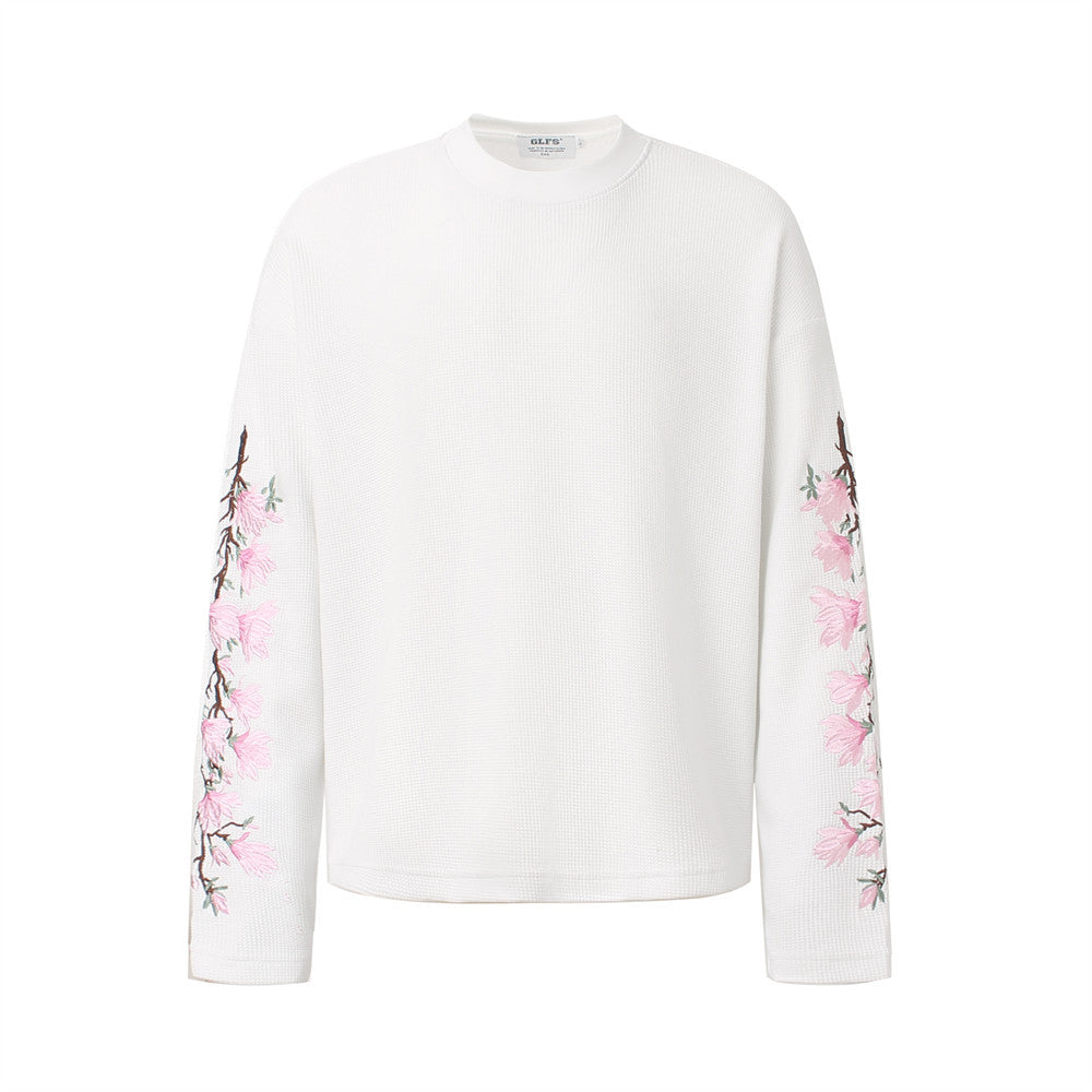 Mens Embroidered T Shirt – Floral Cherry Blossom Long Sleeve Crew Neck