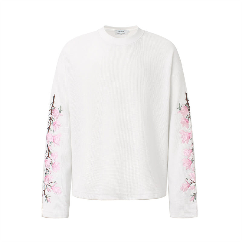 Mens Embroidered T Shirt – Floral Cherry Blossom Long Sleeve Crew Neck