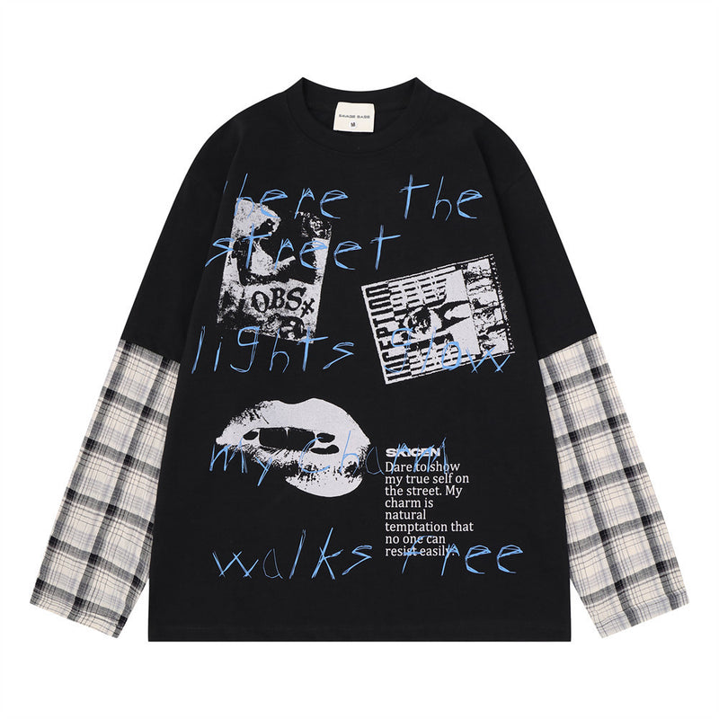 Plaid Splice Long Sleeve Graphic T-Shirt – Faux Two-Piece Streetwear Top