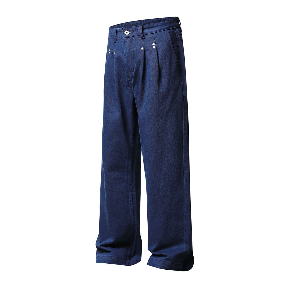 Wide-Leg Pleated Trousers – Men's High-Street Solid Color Straight-Cut Pants