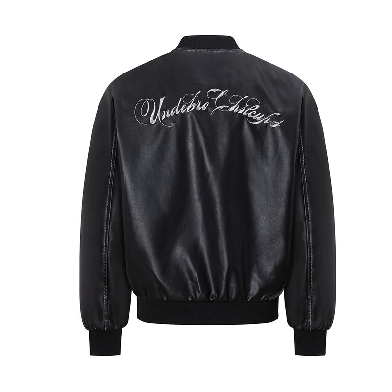 Veste en cuir zippée oversize – Bomber en PU à broderies gothiques tribales