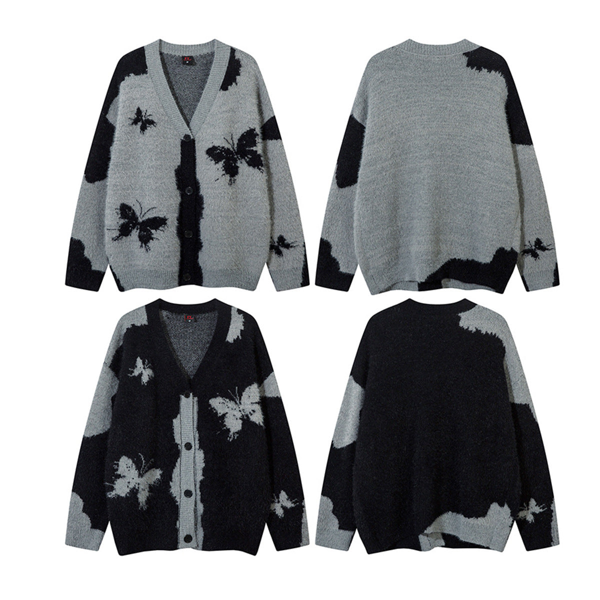 Gilet cardigan en maille jacquard papillon – Col V oversize, maille couple