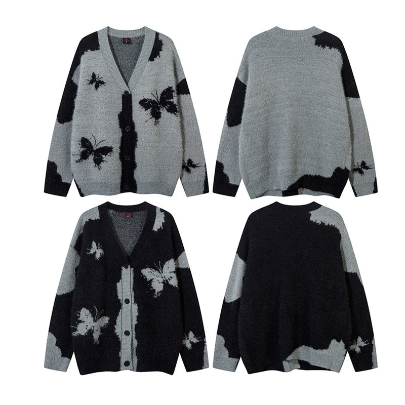 Gilet cardigan en maille jacquard papillon – Col V oversize, maille couple