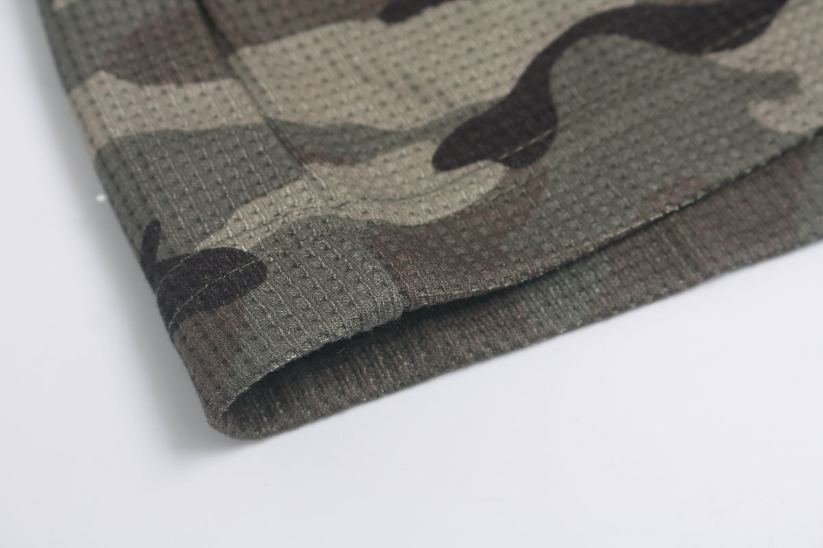 Camo Long Sleeve Waffle Shirt with Studded Graphic Print