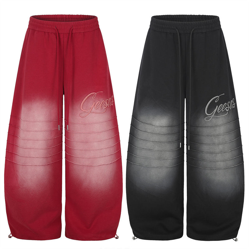Wide-Leg Sweatpants with Gradient Wash, Letter Embroidery & Pintuck Detail