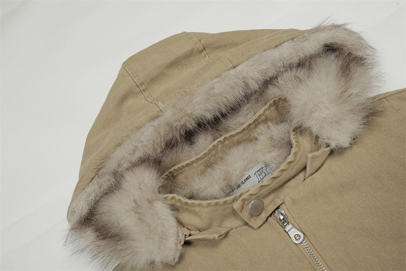 Faux Mink Fur-Trimmed Hooded Padded Jacket – Washed Canvas Bomber