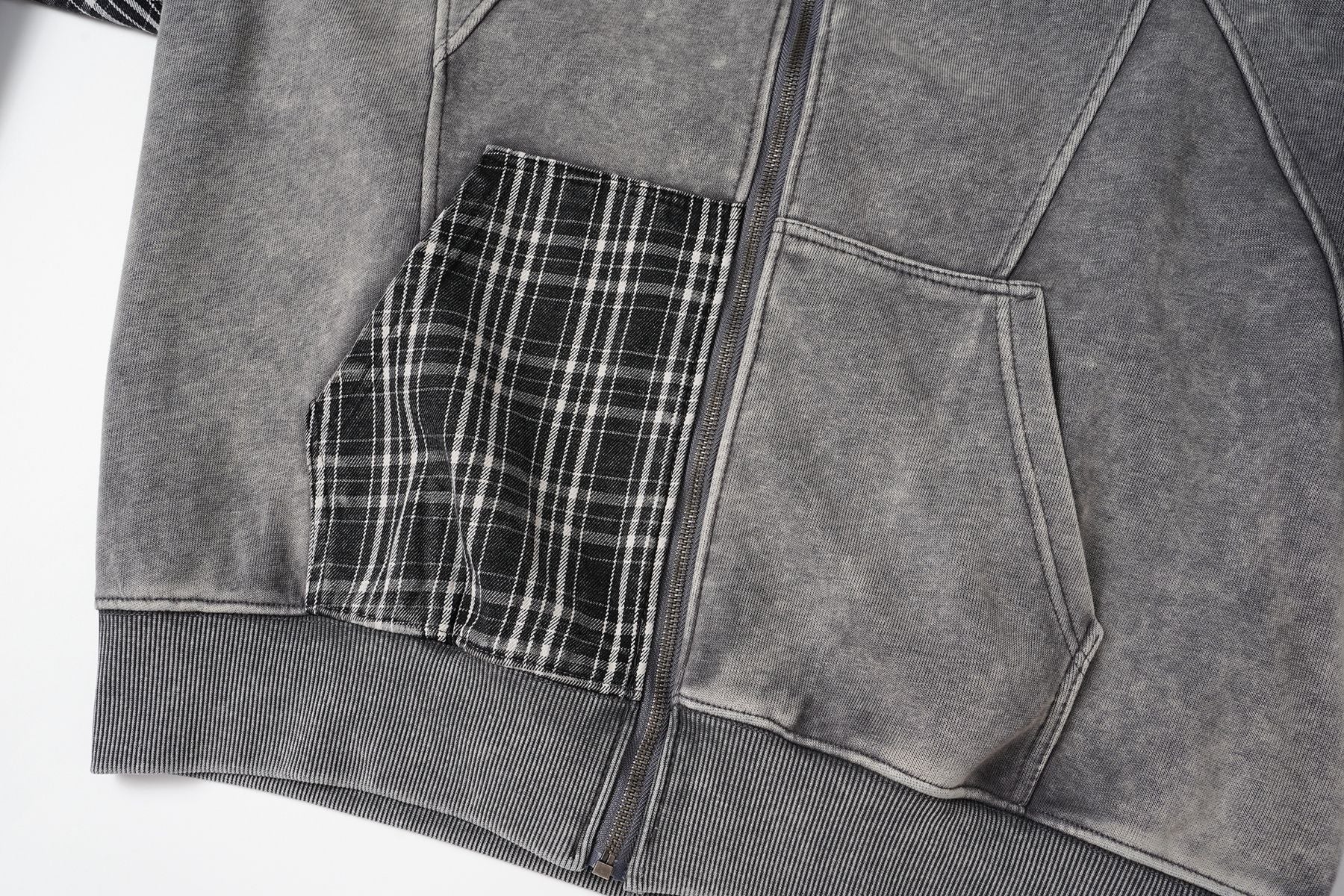 Sudadera con capucha y cremallera de patchwork de cuadros — Chaqueta extragrande de felpa y franela lavadas