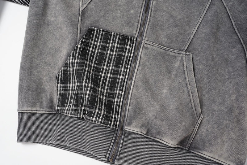 Sudadera con capucha y cremallera de patchwork de cuadros — Chaqueta extragrande de felpa y franela lavadas