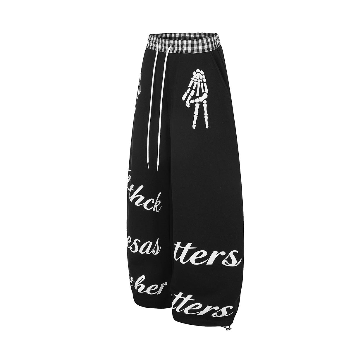 Pantalon de survêtement à jambes larges, imprimé main squelette et taille vichy