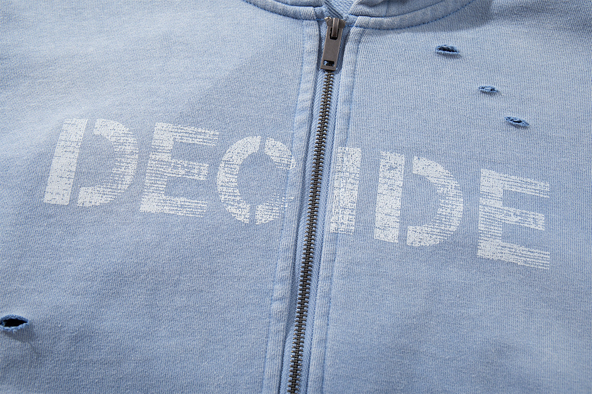 Oversize Zip Up Hoodie Vintage Acid-Washed Distressed Decide Graphic Full-Zip