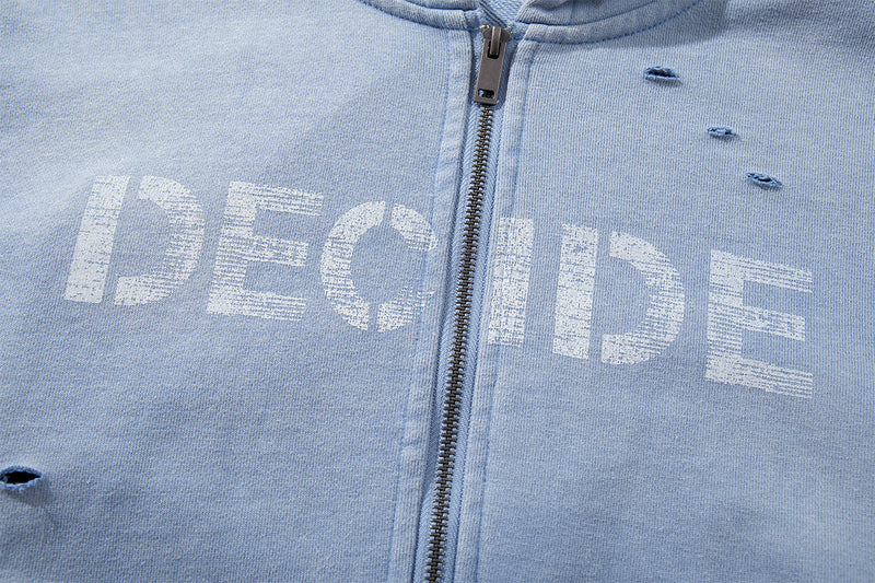 Oversize Zip Up Hoodie Vintage Acid-Washed Distressed Decide Graphic Full-Zip