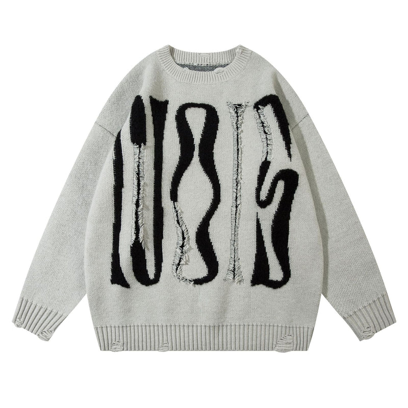 Distressed Graphic Knit Sweater – Oversized Crewneck with Raw-Edge Letter Detail
