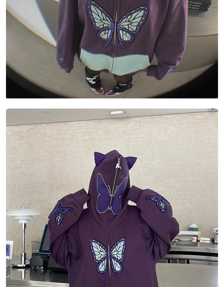 Butterfly Hoodie - 400GSM Oversized Purple and Mint Green Zip-Up Sweatshirt with Ear Design