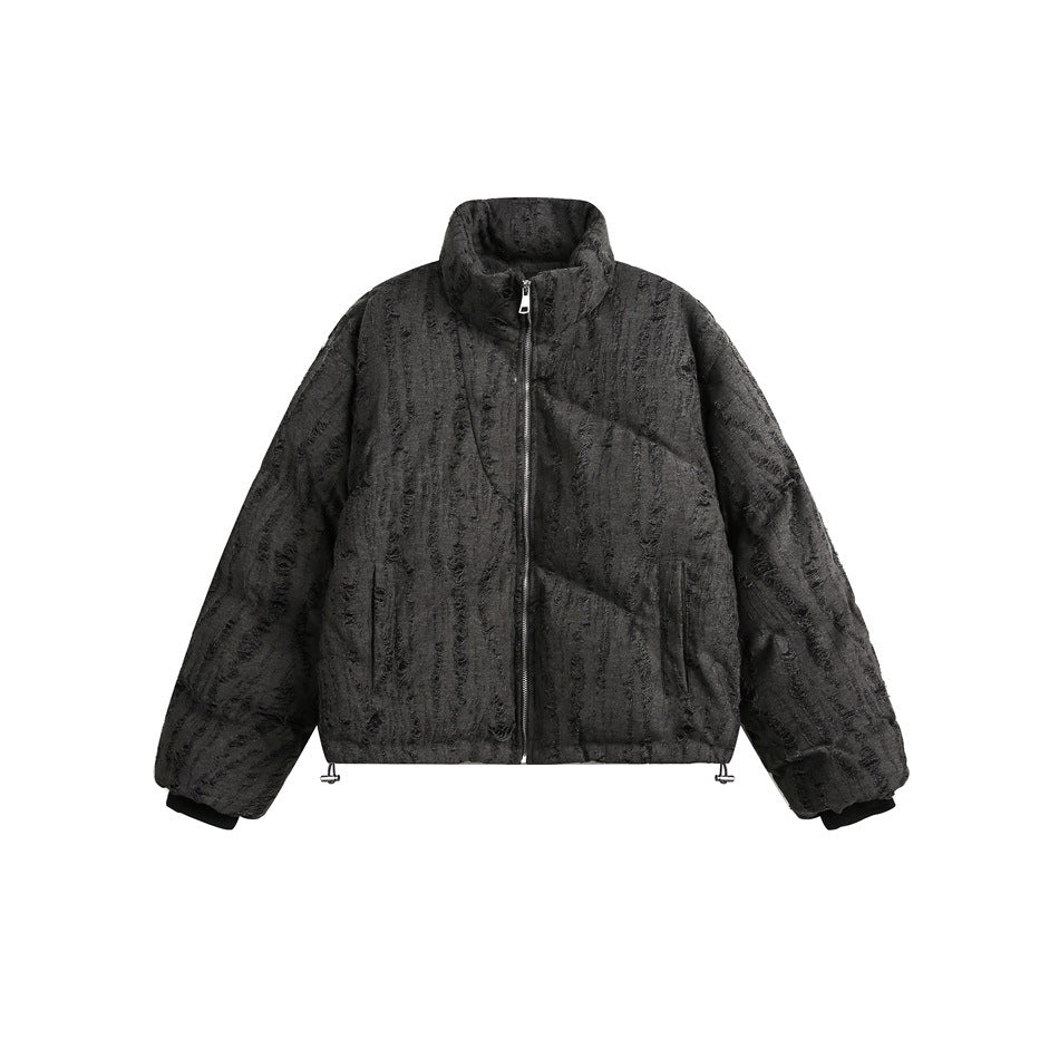 Oversized distressed texture puffer jacket with stand collar and diagonal quilting in gray and black colorways