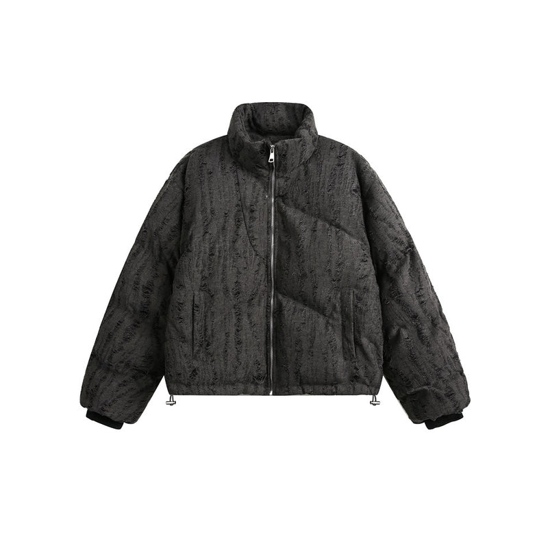 Oversized distressed texture puffer jacket with stand collar and diagonal quilting in gray and black colorways