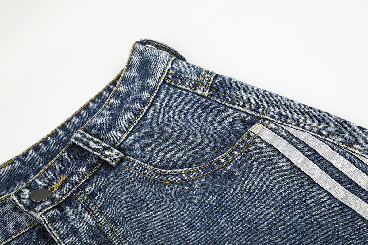 High Waist Baggy Jeans – Star Print Wide-Leg Denim with Triple Stripe Detail