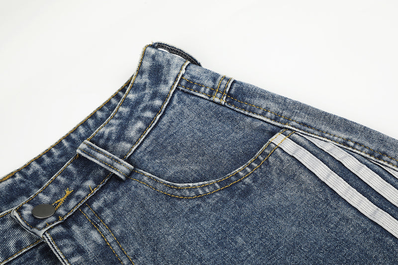 High Waist Baggy Jeans – Star Print Wide-Leg Denim with Triple Stripe Detail